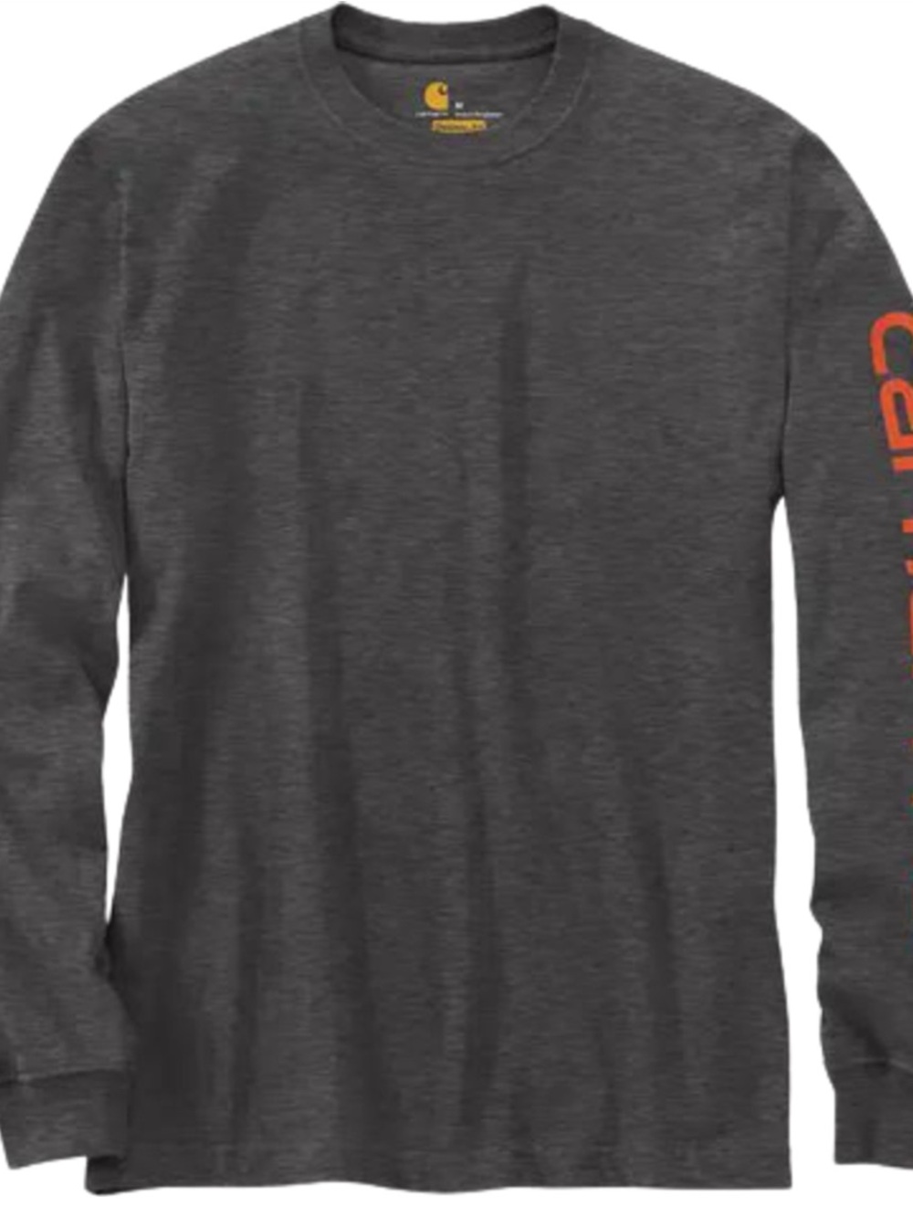 Carhartt Dark Gray Long-Sleeve Crewneck Tee with Orange Sleeve Logo